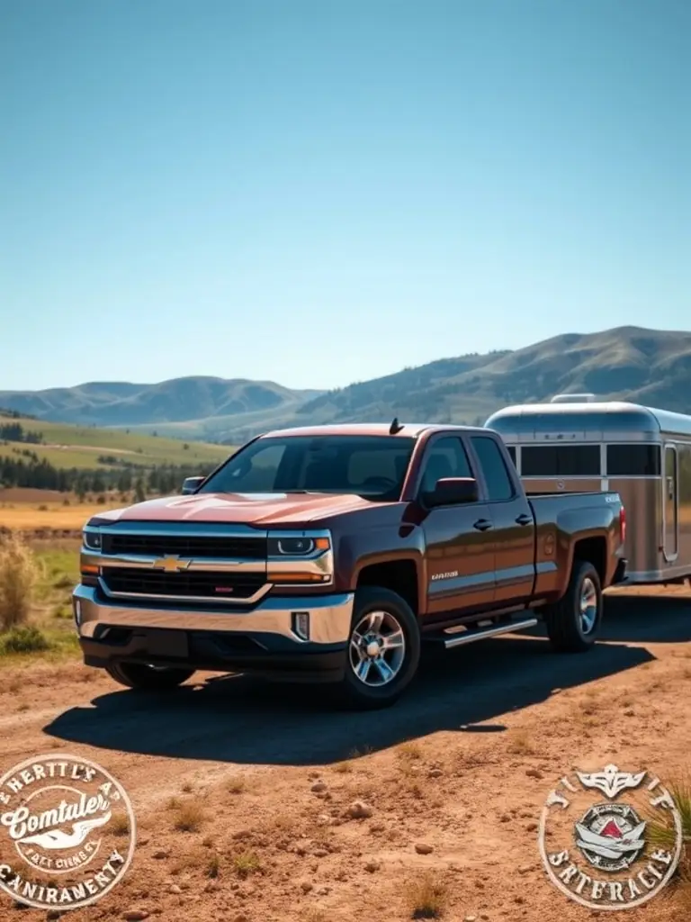 A 2017 Chevrolet Silverado in a deep blue color, featuring a prominent front grille and rugged body design. The truck has a spacious crew cab with premium upholstery and a modern infotainment system visible in the interior. The bed is shown with a closed tailgate, emphasizing its robust build.